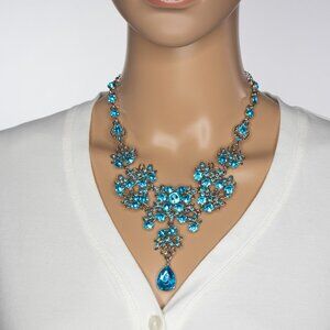 Striking Faux Blue‎ Crystal Faux Silver Necklace With Faux Blue Drop